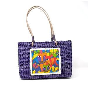 Sun 'N Sand Laurel Burch Purse Purple Raffia Straw Cats Tote Bag